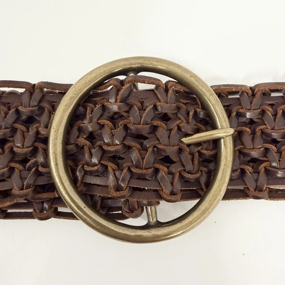 Wide Woven Leather Belt With Jumbo Round Solid Brass Buckle Brown Great Weave
